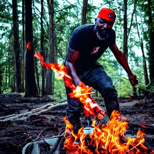 Image similar to a photo of ruggedman ( burn a forest with flamethrower )