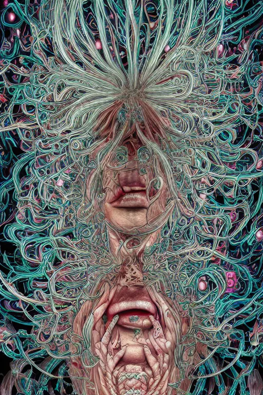 Image similar to Metamorphosis, Conjuring Psychedelic Illustration by Shintaro Kago, ultra realistic, highly detailed, beautiful detailed intricate insanely detailed octane render trending on Artstation, symmetrical, grotesque, 8K artistic photography,