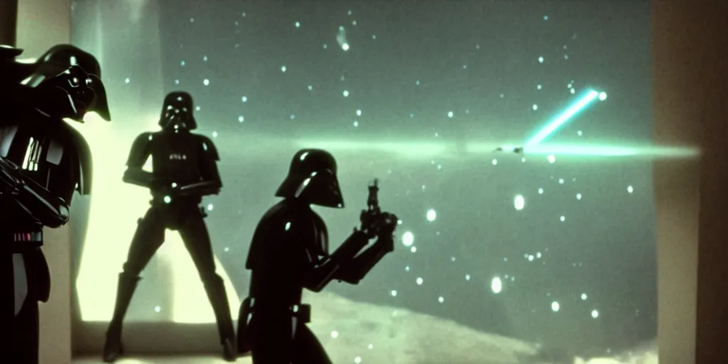 Image similar to a still from a film of a dark figure standing in front of a large window with a live action STAR WARS space battle, 35mm, directed by George Lucas, miniatures, ILM