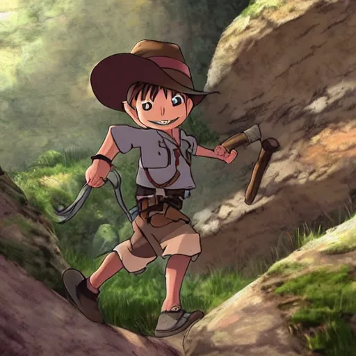 Image similar to Indiana Jones running away from boulder trap, rolling boulder, raiders of the lost ark, made in abyss anime style