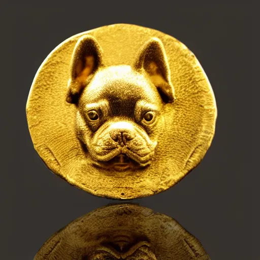 Image similar to an ancient roman gold coin with the face of a french bulldog, close up photo, ultra realistic, studio photo, bokeh.