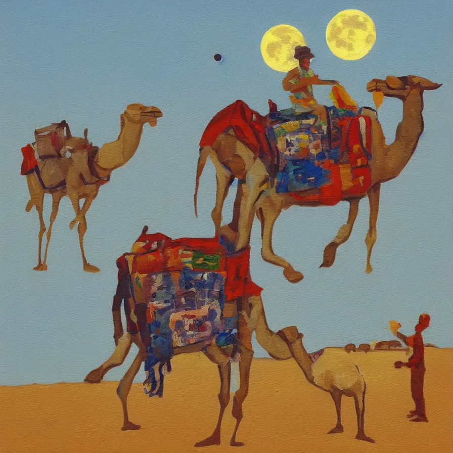 Prompt: “In cubistic style, an oil painting of a camel pulling a red tractor through the desert at night. There is a full moon ”