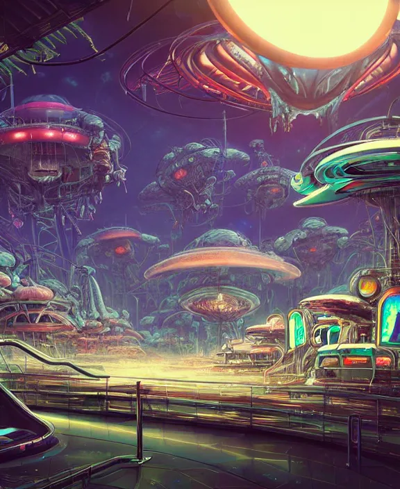 Image similar to an amusement park made out of alien creatures, biological forms, internal organs, in the style of an asymmetrical spaceship, apocalyptic environment, by dan mumford, yusuke murata, makoto shinkai, ross tran, cinematic, unreal engine, cel shaded, featured on artstation, pixiv