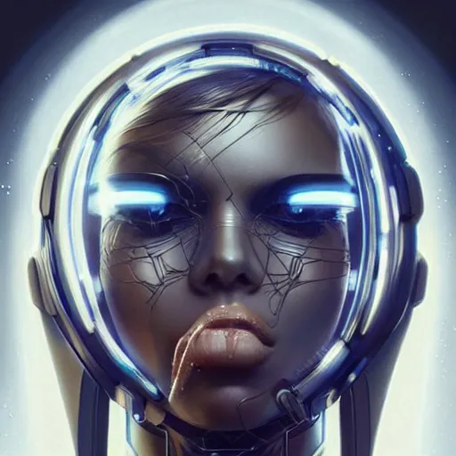 Image similar to a realistic detailed beautiful portrait of a cybernetic woman,glowing orb in her mouth, cyberpunk concept art, digital art, highly detailed, intricate, sci-fi, sharp focus, Trending on Artstation HQ, deviantart, unreal engine 5, 4K UHD image, hyperrealistic, photorealistic, art by artgerm and greg rutkowski and alphonse mucha