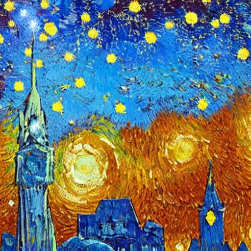 Image similar to oil paint impasto relief, austrian blue mountain with fireworks, multi layered thick brush marks, some splattered paint, in the style of van gogh and redon