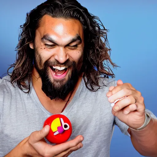 Prompt: A still of a happy, excited Jason Momoa playing with a Fisher-Price stacking toy in a toy commercial, 4k resolution, hyperdetailed, studio lighting