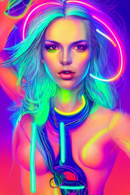 Image similar to a award winning half body portrait of a beautiful woman with stunning eyes in a croptop and cargo pants with rainbow colored ombre hairstyle head in motion and hair flying by thomas danthony, surrounded by whirling illuminated neon lines, outrun, vaporware, shaded flat illustration, digital art, trending on artstation, highly detailed, fine detail, intricate