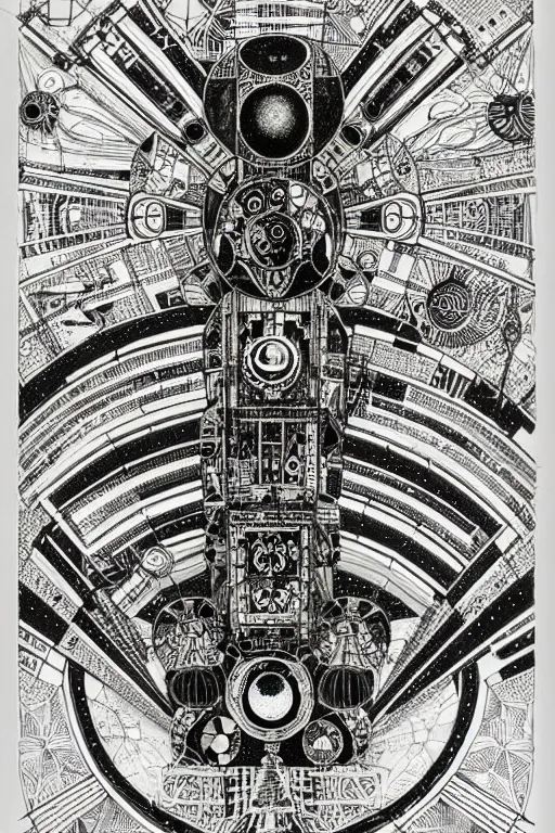 Image similar to a black and white drawing of an international space station, bioluminescence, a detailed mixed media collage by eduardo paolozzi and ernst haeckel, intricate linework, sketchbook psychedelic doodle comic drawing, geometric, deconstructivism, matte drawing, academic art, constructivism