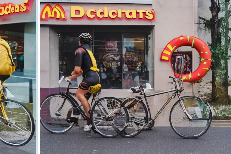 Image similar to cyclist in mcdonalds toilet eating donuts and drinking yerba mate