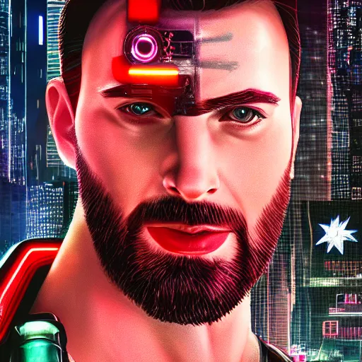 Image similar to chris evans portrait, cyberpunk 2 0 7 7, cyberpunk, photorealistic, ultra detailed, neon, octane, bokeh, cinematic lighting, cyber, cyberpunk city, studio quality, feature, scars, cyberface, 8 k