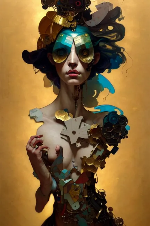 Image similar to portrait, patchwork doll, cyberpunk, elegant baroque, expressive, asymmetrical art, hyperrealism, colorful, vivid, imposing, epic, abstract texture, gold leaf texture, artstation, concept art, by peter mohrbacher and wlop and rhads and artgerm and magali villeneuve and alphonse mucha