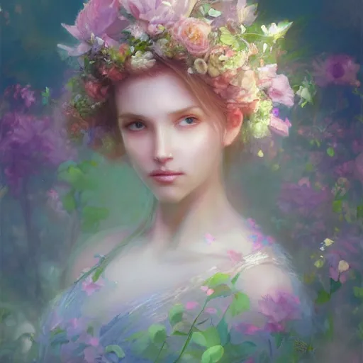 Prompt: flower goddess, pastel colors, pearlescent, fantasy, featured on artstation, in the style of daniel gerhartz and krenz cushart, Alexis Franklin, Thomas River, WLOP, Artgerm