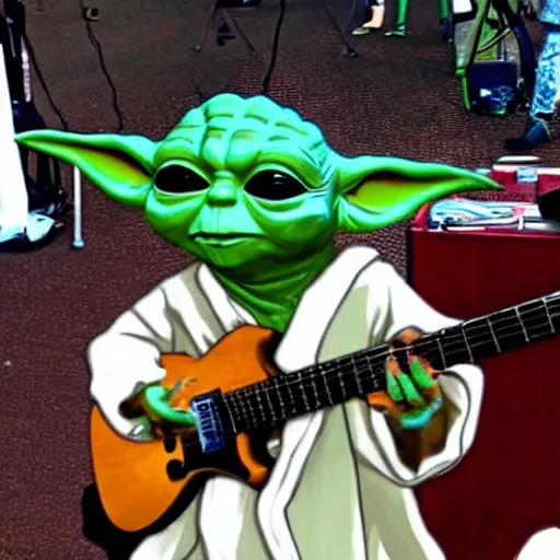 Prompt: Yoda playing guitar at Lollapalooza