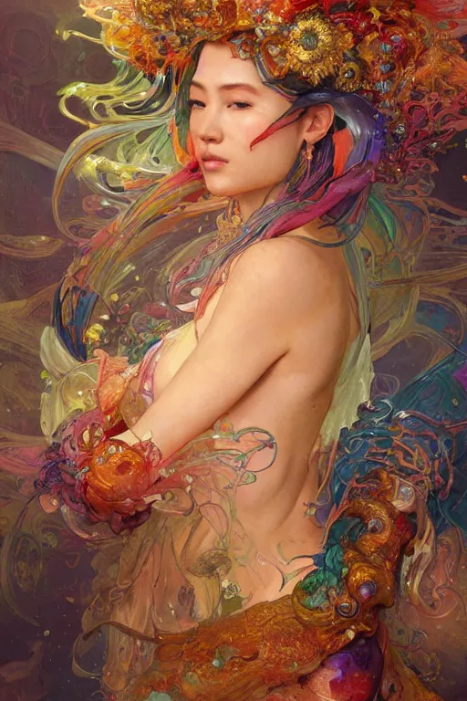 Prompt: an hiper intricate oil painting of a beautifull godess surounded by melting colorfull wax drips, colorfull, excelent composition, wide shot, by yoshitaka amano, by ellen jewett, by greg rutkowski, by alphonse mucha by jeremyg lipkinng, by rhads, by ross tran, artstation, octane render