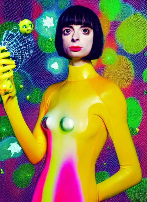 Prompt: hyper render - kawaii portrait ( astronaut, suit, chrome, porcelain forcefield, looks like krysten ritter ) eating in network yellowcake aerochrome strawberry and her delicate hands hold gossamer polyp fungal flowers dress, ryden
