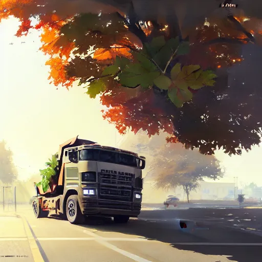 Prompt: dump truck full of leaves on a sunny suburban street by akihito yoshitomi and yoji shinkawa and greg rutkowski, mark arian trending on artstation