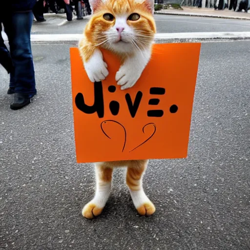 Image similar to cute orange tabby cat holds sign that says