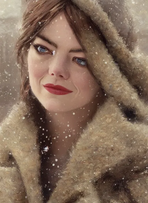 Prompt: emma stone in beige coat, close up face, winter new york, snow, artwork by gaston bussiere, craig mullins, trending on artstation