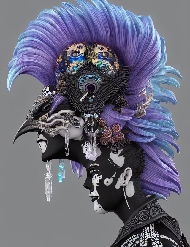 Image similar to 3 d goddess close - up profile portrait punk with mohawk with ram skull. beautiful intricately detailed japanese crow kitsune mask and clasical japanese kimono. betta fish, jellyfish phoenix, bio luminescent, plasma, ice, water, wind, creature, artwork by tooth wu and wlop and beeple and greg rutkowski