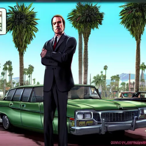 Image similar to Saul Goodman in GTA V . Los Santos in the background, palm trees. In the art style of Stephen Bliss.