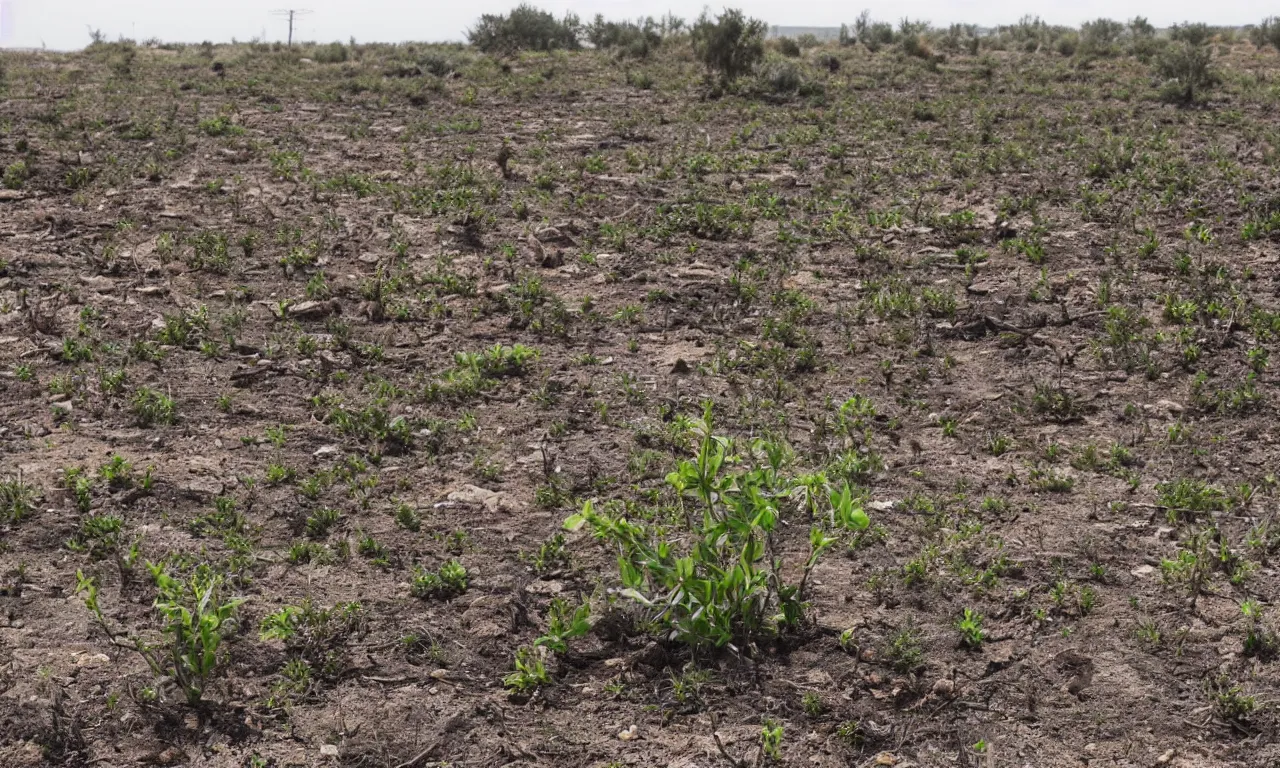 Image similar to the last plant on earth surrounded by an apocalyptic wasteland of ruined cities and vegetation-less landscape