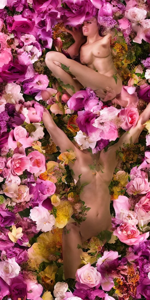 Image similar to a lovely cornucopia of flowers and human body parts, body parts, highly detailed, octane render, cinematic