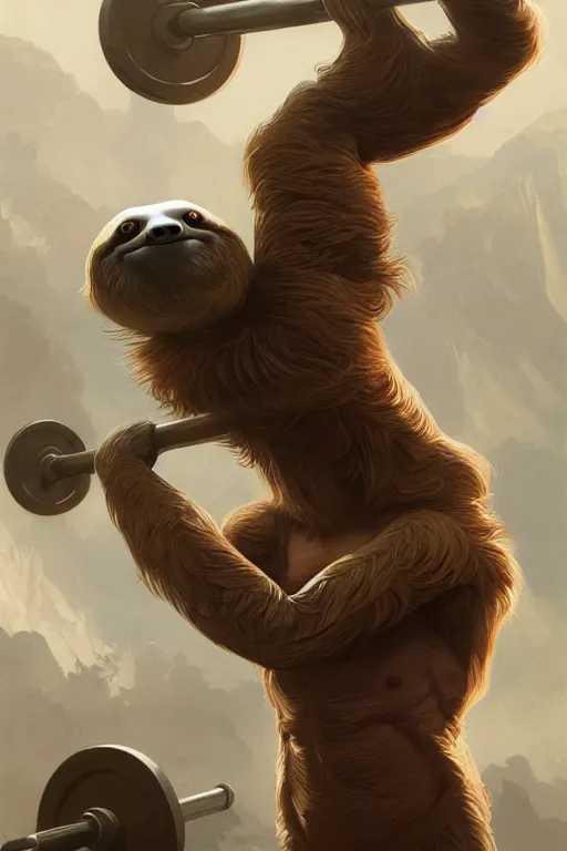 Image similar to anthro sloth lifting weights, dim dingy gym, dynamic pose, fantasy, intricate, elegant, highly detailed, digital painting, artstation, concept art, matte, sharp focus, illustration, art by artgerm and greg rutkowski and alphonse mucha