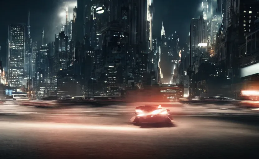 Image similar to A film still of the 2025 Batmobile driving through Gotham at night, 8k