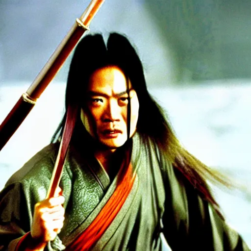 Prompt: Wuxia movie, kung fu movie, yokai, glam metal hair, demon man, Jiang sword 1977, cinematic