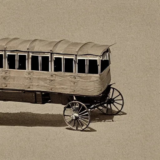 Prompt: a birds - eye view sepia photograph of a delorean made into a covered wagon, traveling in a line with covered wagons and cattle