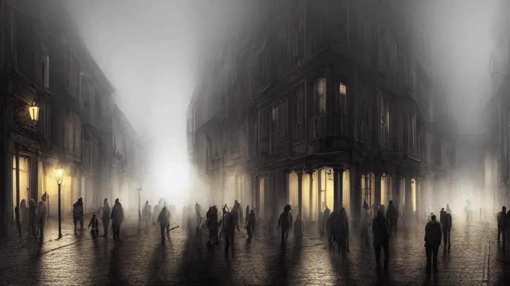 Prompt: dim sun over a crowd of people on street of the old town with houses in the windows of which the light is on. early morning, fog on ground, wet street. mike barr painting. volumetric light, dull colors, dark, noir arthouse, 3 5 mm, hight detalied, hd, 4 k