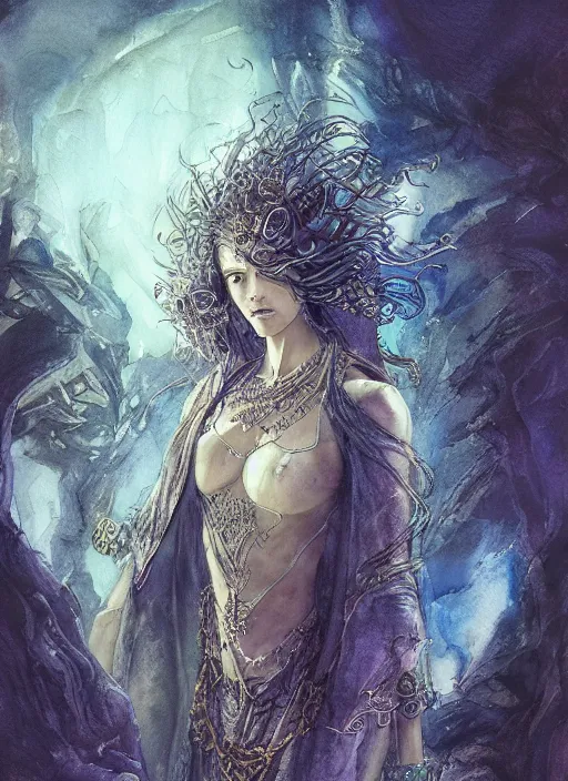 Image similar to portrait, the mystical sage woman who opens the door to the dream realms, watercolor, dramatic lighting, cinematic, establishing shot, extremely high detail, foto realistic, cinematic lighting, pen and ink, intricate line drawings, by Yoshitaka Amano, Ruan Jia, Kentaro Miura, Artgerm, post processed, concept art, artstation, matte painting, style by eddie mendoza, raphael lacoste, alex ross