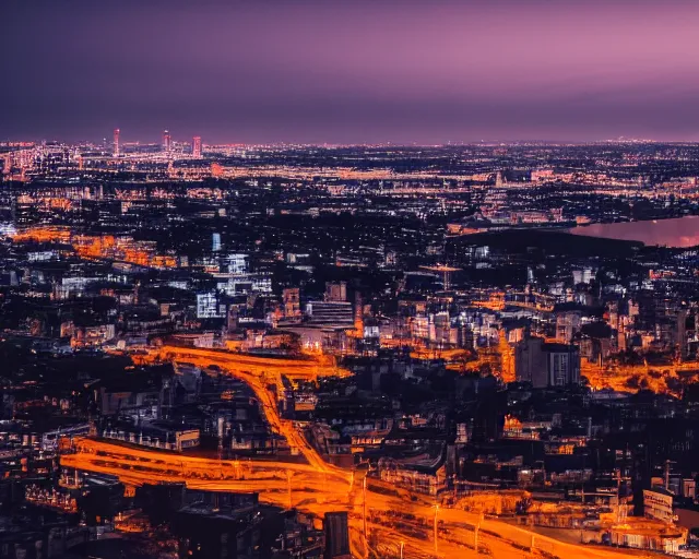 Image similar to a view of a city from a distance at night, a matte painting by konstantinas ciurlionis, featured on unsplash, synchromism, photo taken with nikon d 7 5 0, high dynamic range, nightscape