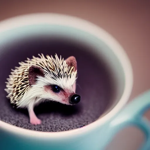 Prompt: baby hedgehog in a teacup, bokeh, sigma 5 0 mm f / 1. 4, minimalistic, 8 k