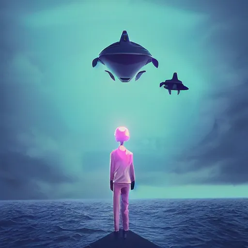 Image similar to giant robot head on the ground while robotic dolphins are flying in the sky by beeple, digital art