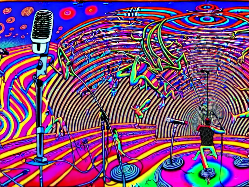 Image similar to rapping on stage at festival, holding microphone, giant crowd, epic angle, happy, psychedelic, hip hop, surreal, neon, vaporwave, detailed, illustrated by Alex Grey, 4k