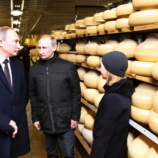 Image similar to vladimir putin visiting a cheese market