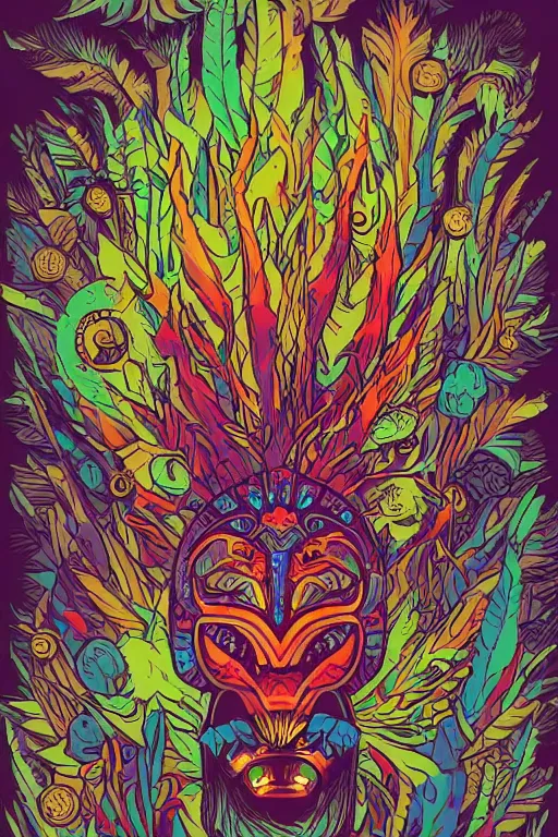 Image similar to animal mask totem roots flower tribal feather gemstone plant wood rock shaman vodoo video game vector cutout illustration vivid multicolor borderlands comics by josan gonzales and dan mumford radiating a glowing aura