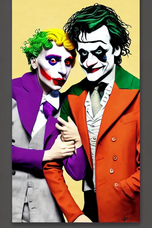 Image similar to ilya yefimovich repin and mimmo rottela and banksy as joaquin phoenix skinny joker, holding hand, lady gaga harley queen, ultra photorealistic, intricate details, pop art style, concept art, confident posse, random object details, 3 colours, warm color, 4 k, ultra smooth, sharp focus