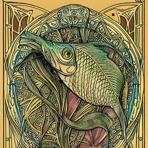 Image similar to A very detailed Art Nouveau illustration of a fish, intricate patterns