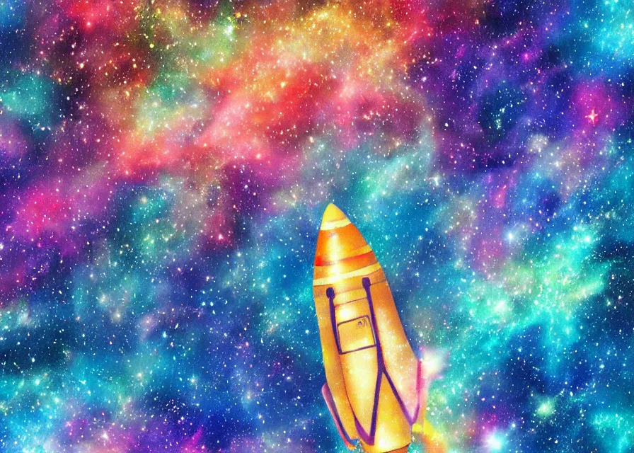 Prompt: rocket ship flying over huge and colorful nebula, pastels