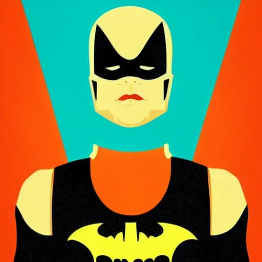 Prompt: retro poster with a painting of batman, an art deco painting by tom whalen, trending on behance, art deco, digital illustration, storybook illustration, art deco, flat shading, vector art, airbrush