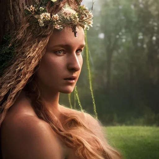 Image similar to photo portrait of a beautiful nature goddess, depth of field, zeiss lens, detailed, symmetrical, centered, by edward robert hughes, connor hibbs, annie leibovitz and steve mccurry, david lazar, jimmy nelsson, breathtaking, 8 k resolution, extremely detailed, beautiful, establishing shot, artistic, hyperrealistic, beautiful face, octane render