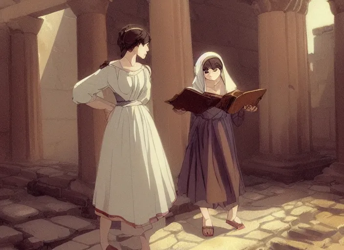 Image similar to greece 1 8 4 0's, young adult florence nightingale shocked at some children tormenting a small owl at the parthenon in athens, finely detailed perfect art, gapmoe yandere grimdark, trending on pixiv fanbox, painted by greg rutkowski makoto shinkai takashi takeuchi studio ghibli