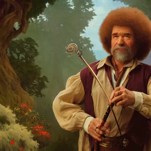 Image similar to an ultra detailed tarot card of bob ross smoking a pipe and dressed as a fantasy bard, d & d, epic fantasy, concept art by alphonse mucha and greg rutkowski, octane render, 8 k, detailed face