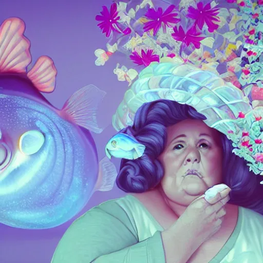 Image similar to of a very beautiful scene. ambient occlusion render. a sweet fat old woman is giving a birth to a huge colorful fish. flowery dress. mirror. symmetrical face, red mouth, blue eyes. deep focus, lovely scene. ambient occlusion render. concept art. unreal engine.