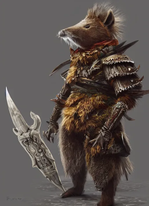 Prompt: detailed concept art illustration painting of an anthropomorphic capybara warrior in full intricate armor, Biomutant, ultra detailed, digital art, octane render, 4K