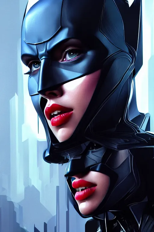 Image similar to portrait of scarlett johansson as batman. intricate abstract. intricate artwork. by tooth wu, wlop, beeple, dan mumford. octane render, trending on artstation, greg rutkowski very coherent symmetrical artwork. cinematic, hyper realism, high detail, octane render, 8 k