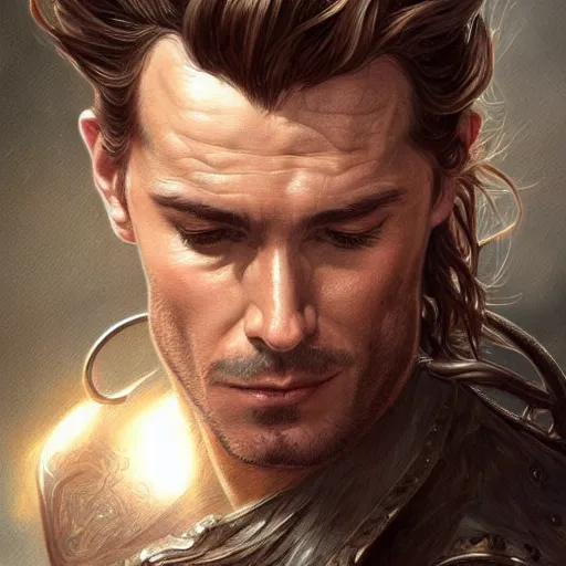 Image similar to portrait of jean baudrillard, soft hair, muscular, half body, leather, d & d, fantasy, intricate, elegant, highly detailed, digital painting, artstation, concept art, smooth, sharp focus, illustration, art by artgerm and greg rutkowski and alphonse mucha