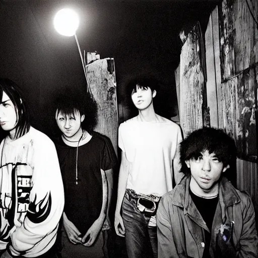 Image similar to joel sternfeld photo of an anime metal band, direct flash photography at night, film grain